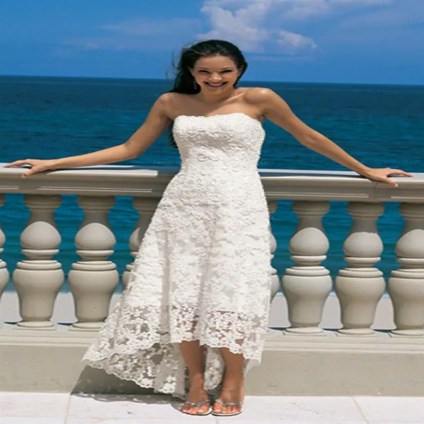 Vestido de casamento de praia de renda bainha coluna sem alças alta baixa assimétrica sem costas zíper voltar vintage vestidos de noiva299e