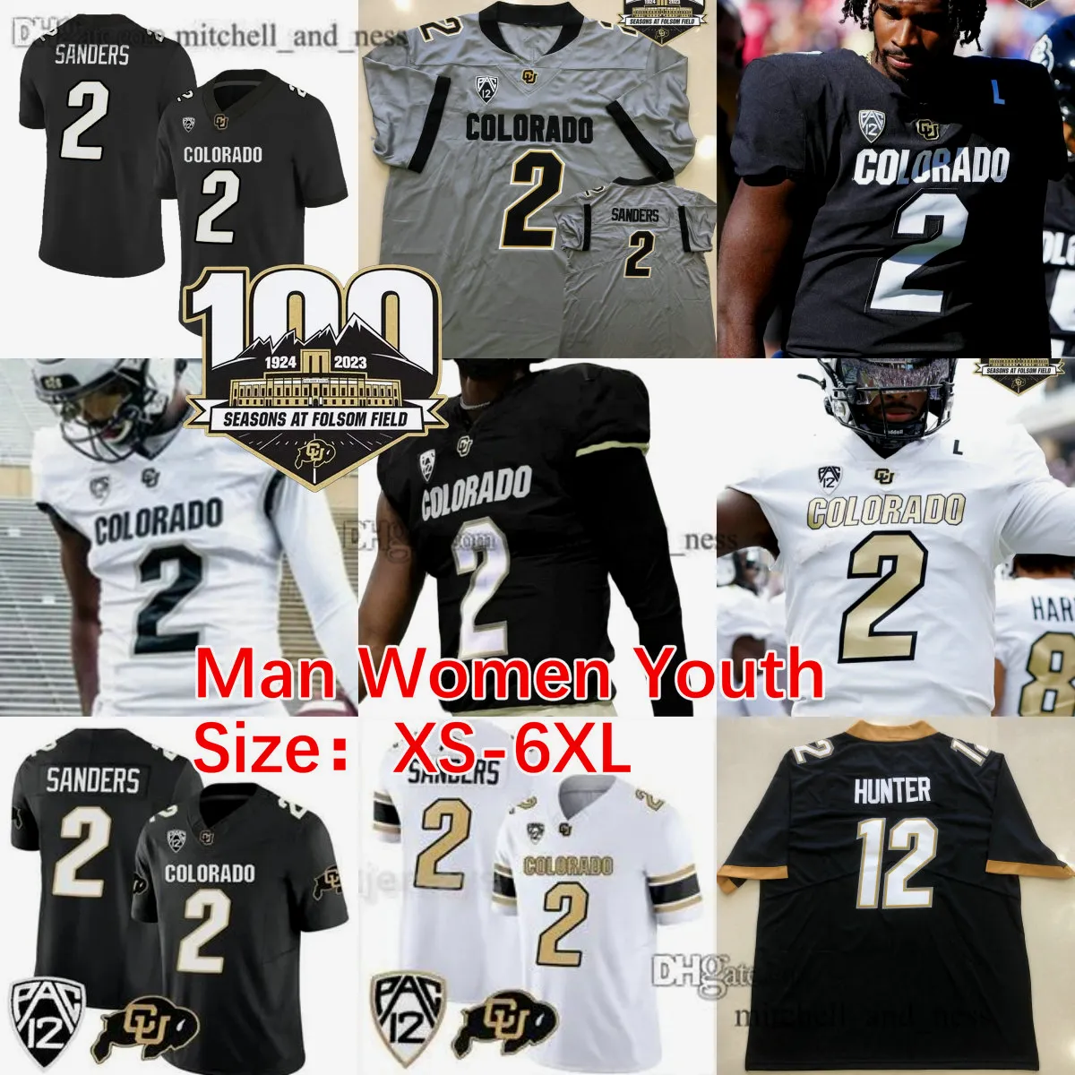 Patch PAC-12 100 ° anniversario 1924-2023 NCAA Football 2 Shedeur Sanders Jersey Colorado Buffaloes American College Football Wear Maglie Uomo Donna Gioventù Bambini