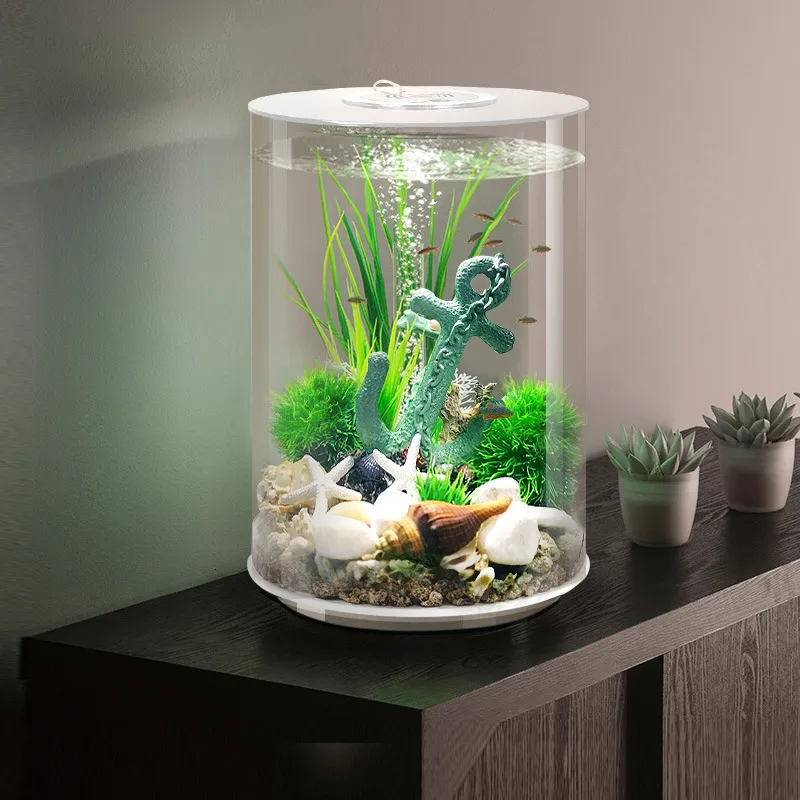 Akvarier Desktop Akrylfri Fish Tank Cylindrical Water Change Lazy Person Ecological Living Room Aquarium Set Dining Tank Small Tropical 230810