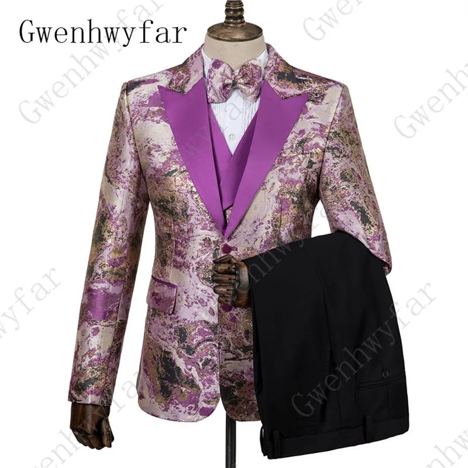 GWENHWYFAR PURPLE FLOLLAL MEN SUITE FOR WEDDING最新デザインGROOM TUXEDOS FASHION FORMAL PROM3ピーススーツジャケットベストパンツ223R