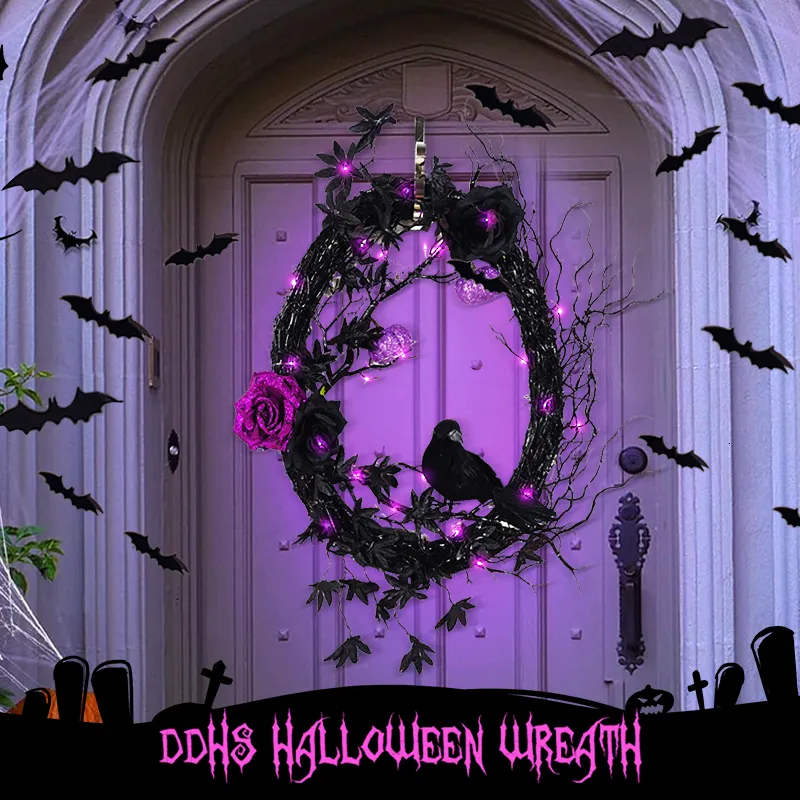 Couronnes de fleurs décoratives Couronne de décorations d'Halloween pour porte d'entrée Chauve-souris Branche noire avec guirlande lumineuse LED pour mur 230915