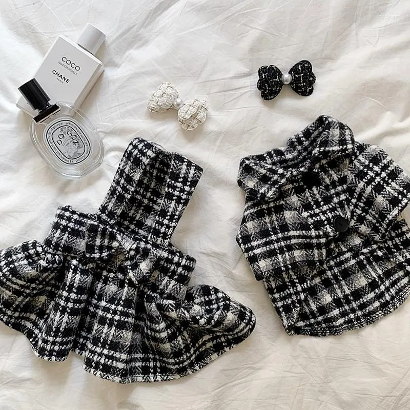 Cão vestuário xadrez vestido roupas para animais de estimação casais respirável roupas quentes doce pequeno elegante preto branco outono inverno menina ropa perro