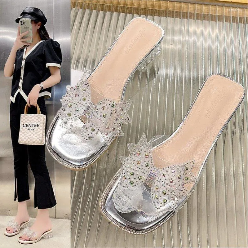 Slippers Hoge Hakken Kristal Bowtie Vrouwen 2023 Zomer Open Teen Transparante Pvc Sandalen Vrouw Clear Hakken Party Fashion Slides