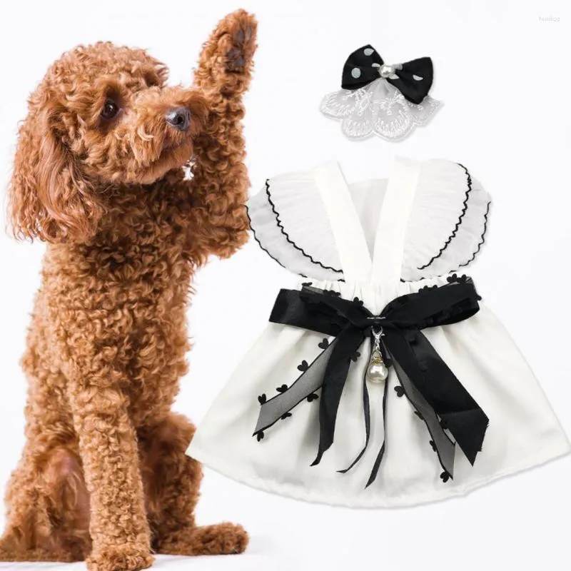 Dog Apparel Pet Dress Flying Sleeves Gauzy Splicing V Neck Black Bowknot Faux Pearl Spring Summer Small Puppy Cat Clothes Supplies