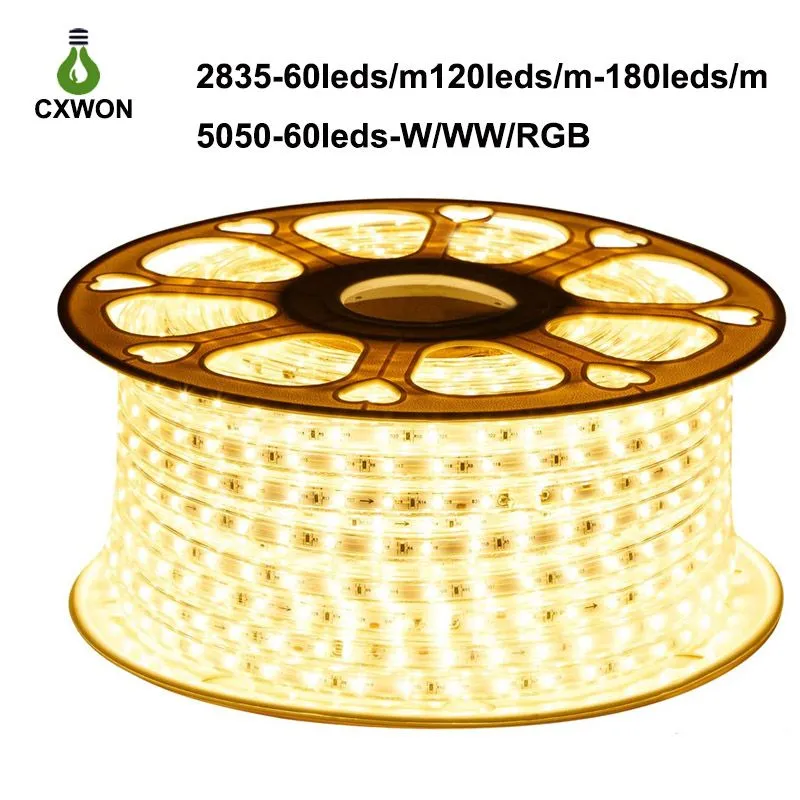 220V 110V LED Strip Light 150ft SMD2835 5050 120leds/m 60led/m flex Rope Light IP65 Warm White RGB Neon Decoration Indoor Outdoor Decor Strips