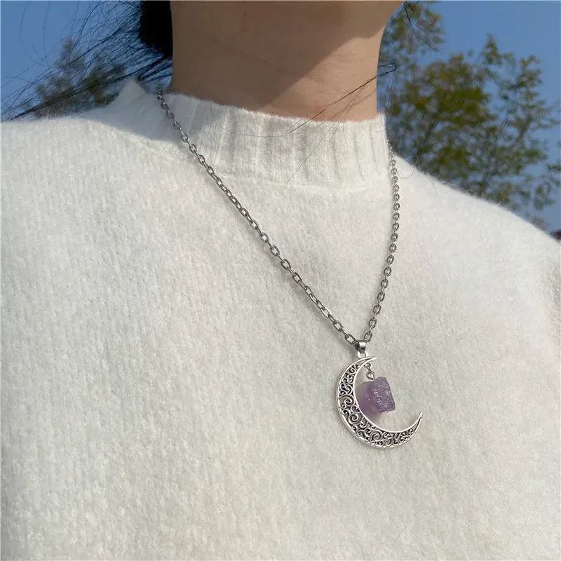 Natural Crystal Reiki Raw Stone Retro Moon Pendant Necklace Geometric Faith Healing Quartz Chain Necklaces Jewelry Party Gifts For Women