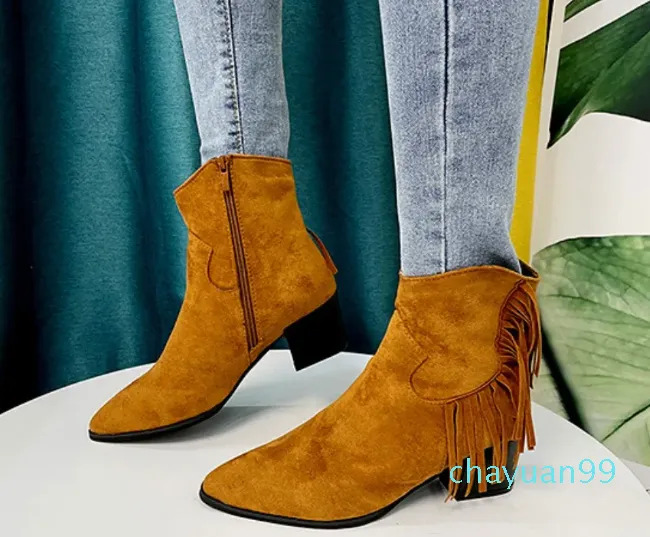 Botas bohemias a la moda para mujer, botines de cuero de imitación con flecos para mujer, zapatos étnicos con borlas y tacón, botas Chelsea, talla 35-43