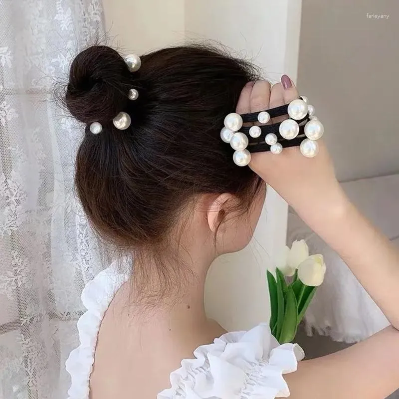 Hair Clips C9GF 10Pcs Rings Rope Black Bows Seamless Soft High Elastic Band Pearl Heads For Girls Children Toddlers