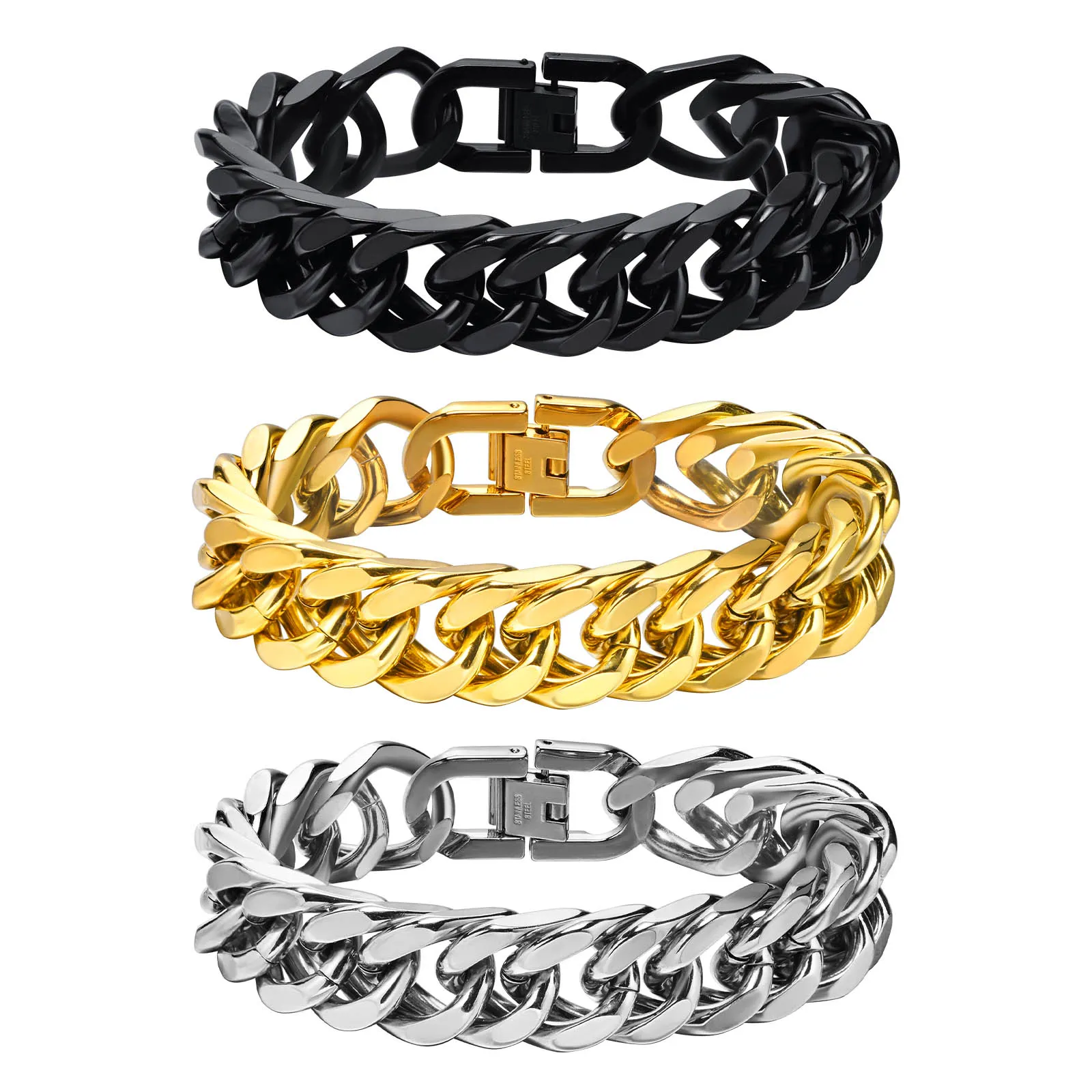 Bracciale a catena intrecciata doppia in acciaio inossidabile Bracciale a maglie per uomo Donna Enorme 15 mm 8,5 pollici Argento dorato nero 88 g Peso n1369