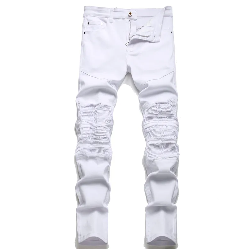 Mens Jeans High Street Fashion White Hole Patch Elastic Slim Fit Pleated Skinny Solid Quality Denim Trousers 230914