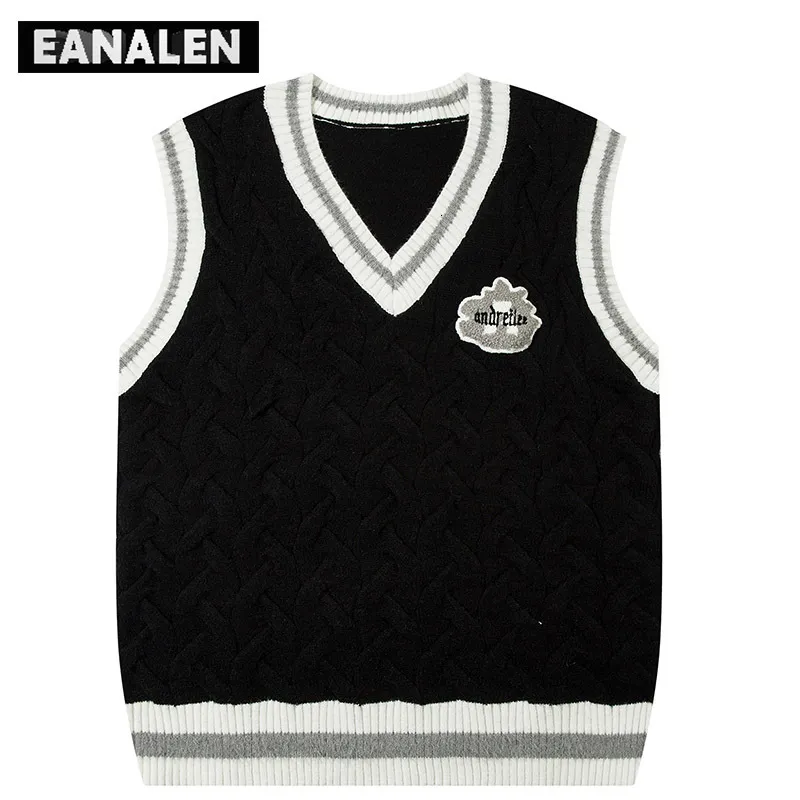 Men's Vests Harajuku Vintage Black White Sweater Vest Men's College Designer Pullover Vest Y2K Oversized Cute Sweater Women's Sleeveless 230915