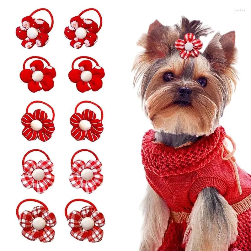 Hundkläder 10/20st hår båge röd blomstil med gummiband söt valp husdjur grooming Yorkie dekorera tillbehör små hundar leveranser