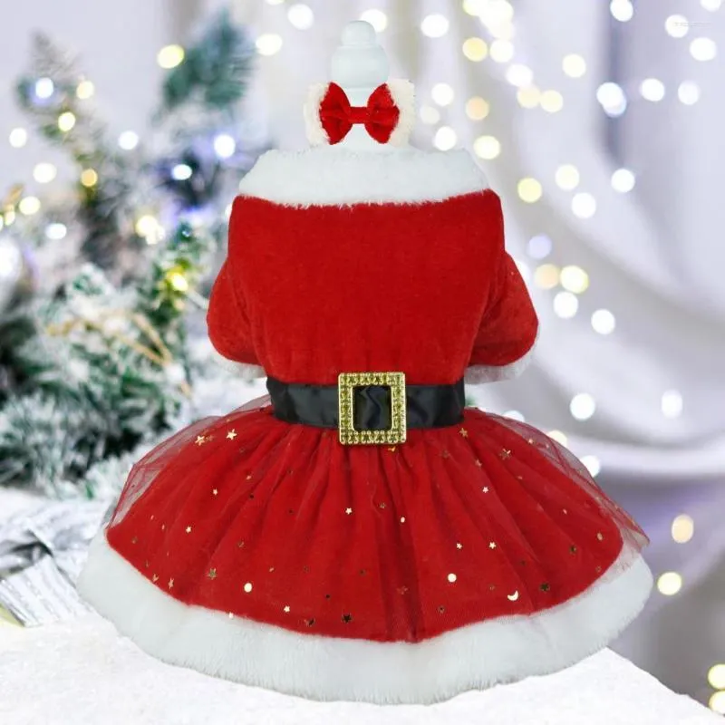 Одежда для собак Платье для домашних животных Рождественский костюм Блестящая сетка с блестками Санта-Клауса с повязкой для волос Легко носить в чистоте для праздничного поста