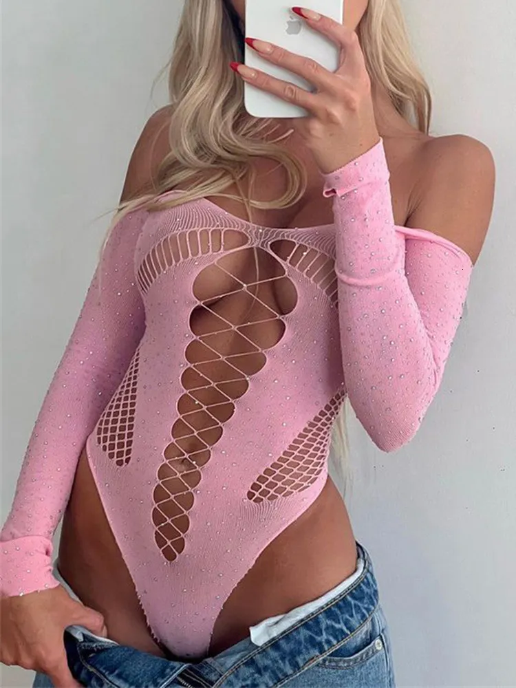 Kobiety Skuwy Rompers Tossy Pink Lace Bodysuit Tops for Women Off Remer Puste Out Sheer Body Top Female Backless Club Bielica 230915
