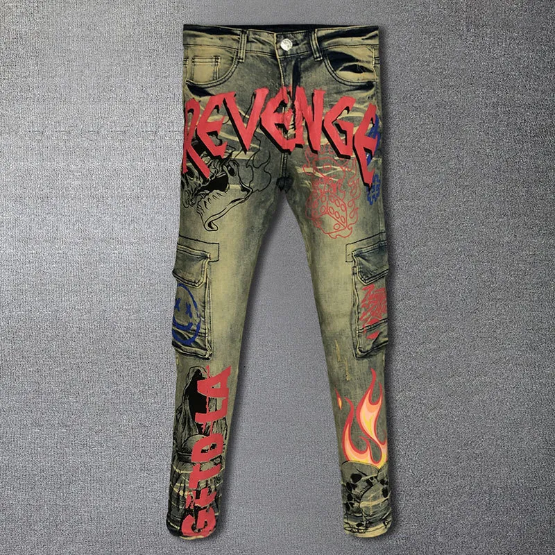 Herren Jeans Männer Farbe Graffiti Punk Button Herbst Zerrissene Hose Motorrad Hosen Pantalon Homme Straße 230915