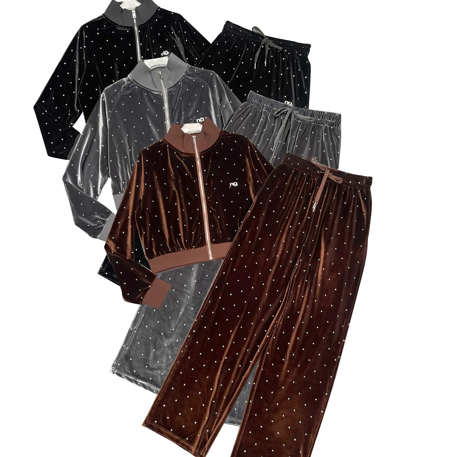Tuta da donna di design a maniche lunghe in due pezzi Hot Drilling Veet Tute di colore nero grigio e marrone Moda casual Tempo libero Autunnomm01