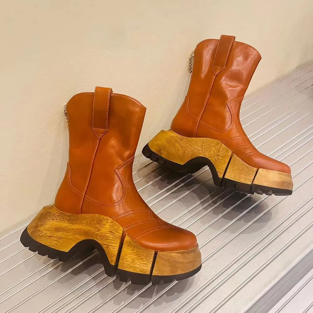 Luxury Designer Wooden Grain Rubber Sliders Chunky Platform Ankle Boots Low Heel Leather Martin