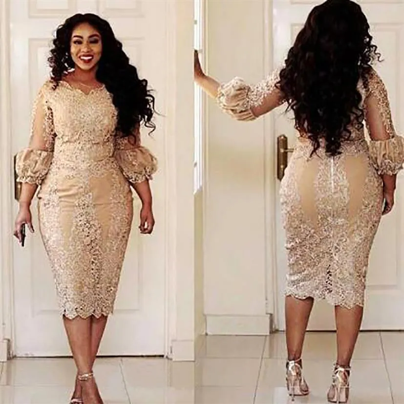 2021 Champagne Kant Korte Moeder Van De Bruid Jurken Plus Size Thee Lengte 3 4 Lange Mouwen Schede Moeder Van bruidegom Jurken M02224K