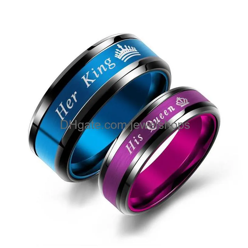 Anillos de banda Moda Su Rey y su Reina Parejas Corona de acero inoxidable Anillo de dedo púrpura azul para mujeres Hombres Joyería Día de San Valentín G DHFJS