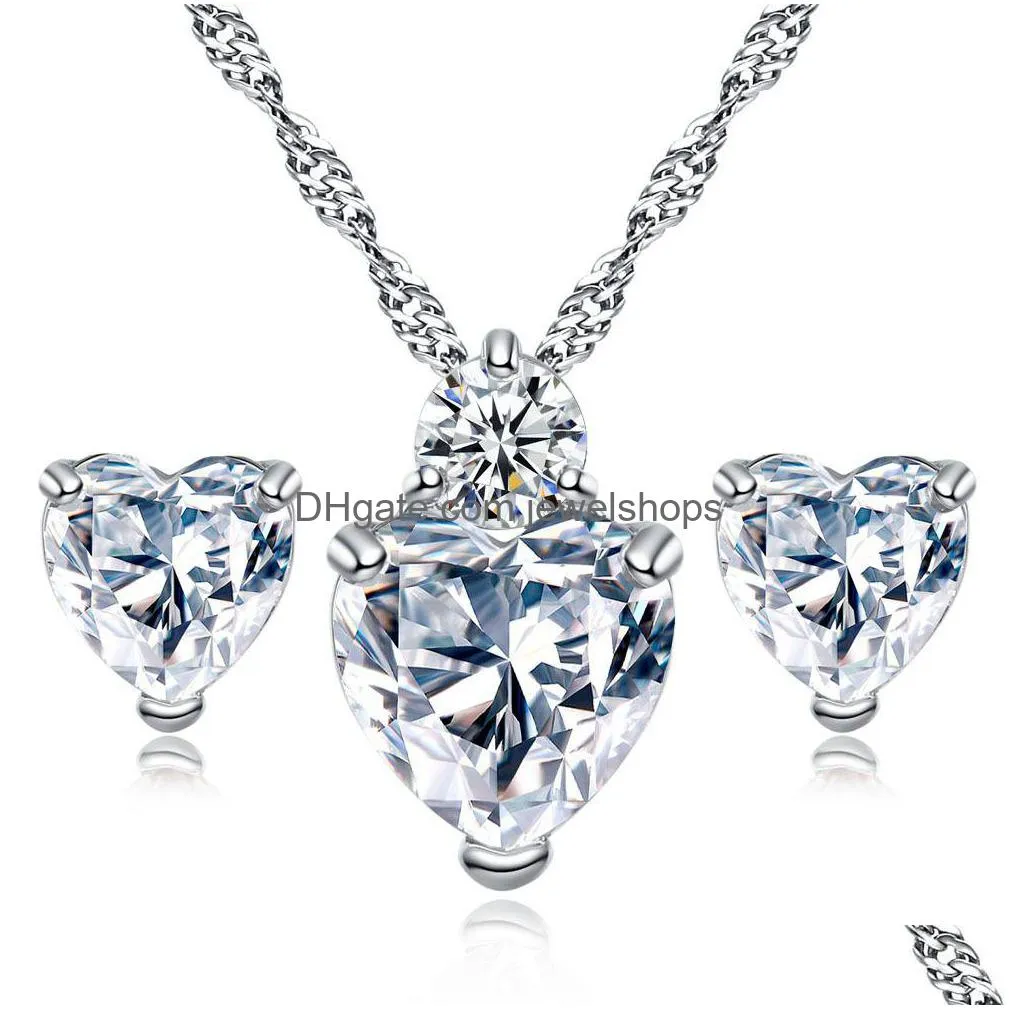 Orecchini Collana di alta qualità Cz Cuore Stud Set Cristallo Strass Amore Ciondolo Fascino Sterling Sier Catena per le donne Moda Goccia Del Dh9Su