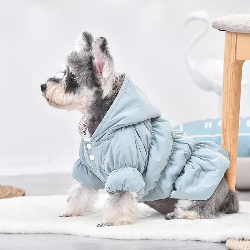 Dog Apparel Windproof Flannel Schnauzer Hooded Clothes Small Doggy Jacket Floral Bubble Cinched Waist Chihuahua Coat For Winter Outwear