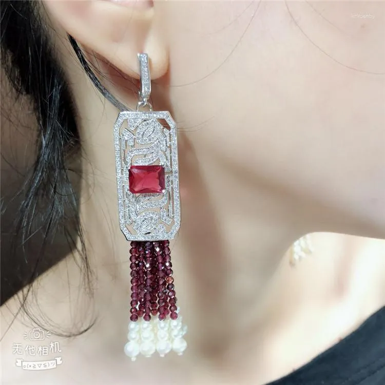 Dangle Earrings 3.5" White Pear With Red Chalcedony CZ Micro Pave Silver Plated Crystal Lever Back