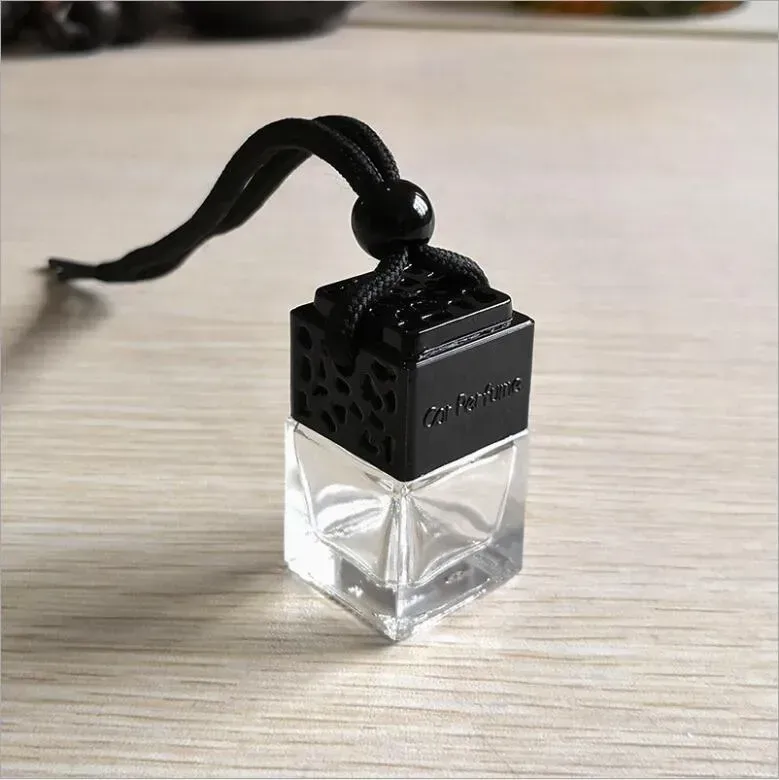 Cube Hollow Car Perfume Bottle Rearview Ornament Hanging Air Freshener For Oils Diffuser Fragrance Empty Glass Bottle Pendant