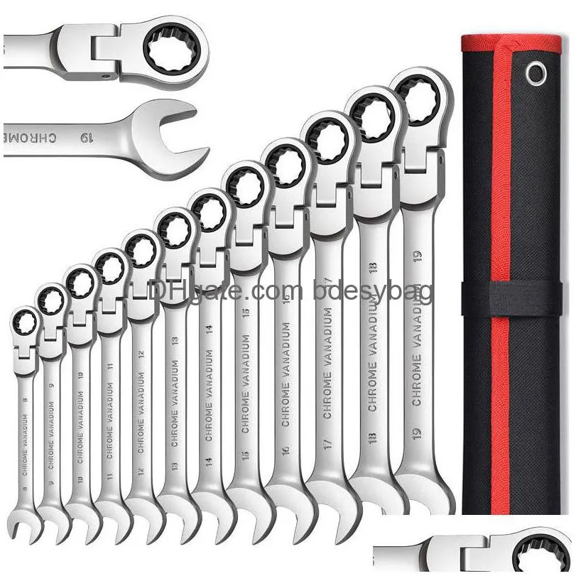 Andra handverktyg flexhuvud Ratcheting Wrench Set Combination Ended Skinker Kits Chrome Vanadium Steel Socket Key Ratchet Drop Delivery Dhhze