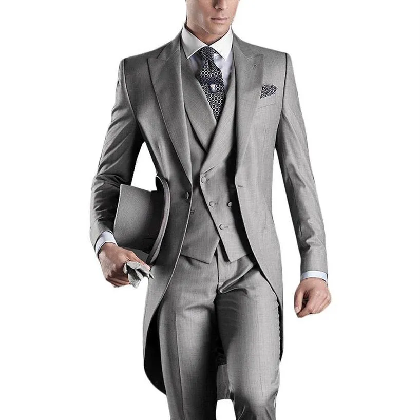 Avrupa tarzı ince fit damat kuyruk katları açık gri özel yapım balo sağlayıcıları erkekler düğün takım elbise ceket pantolon yelek hanky243z