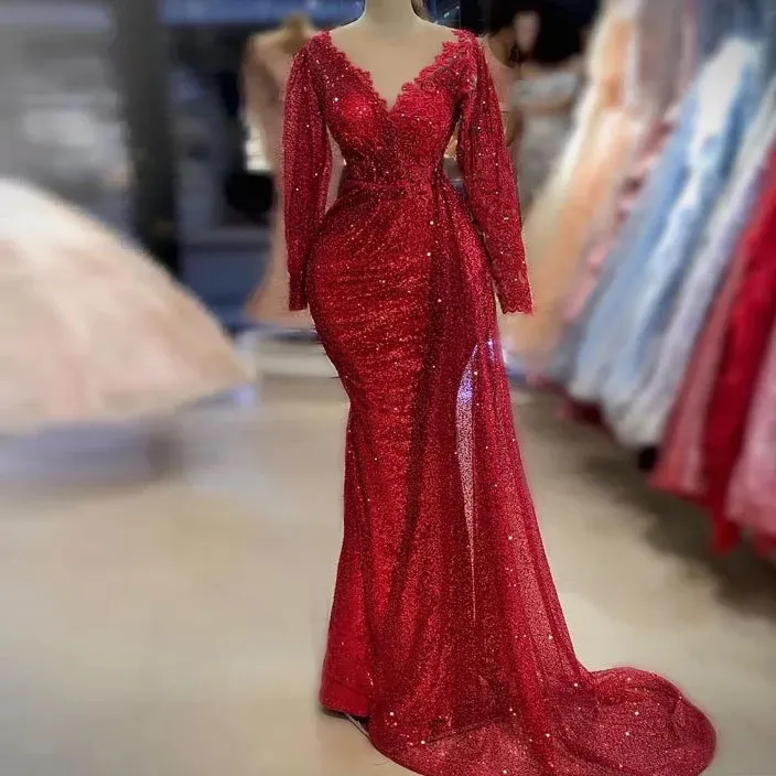 Charming Red Evening Dresses 2024 Mermaid Long Sleeves V Neck Formal Party Celebrity Gowns Robe De Soiree Arabic 328