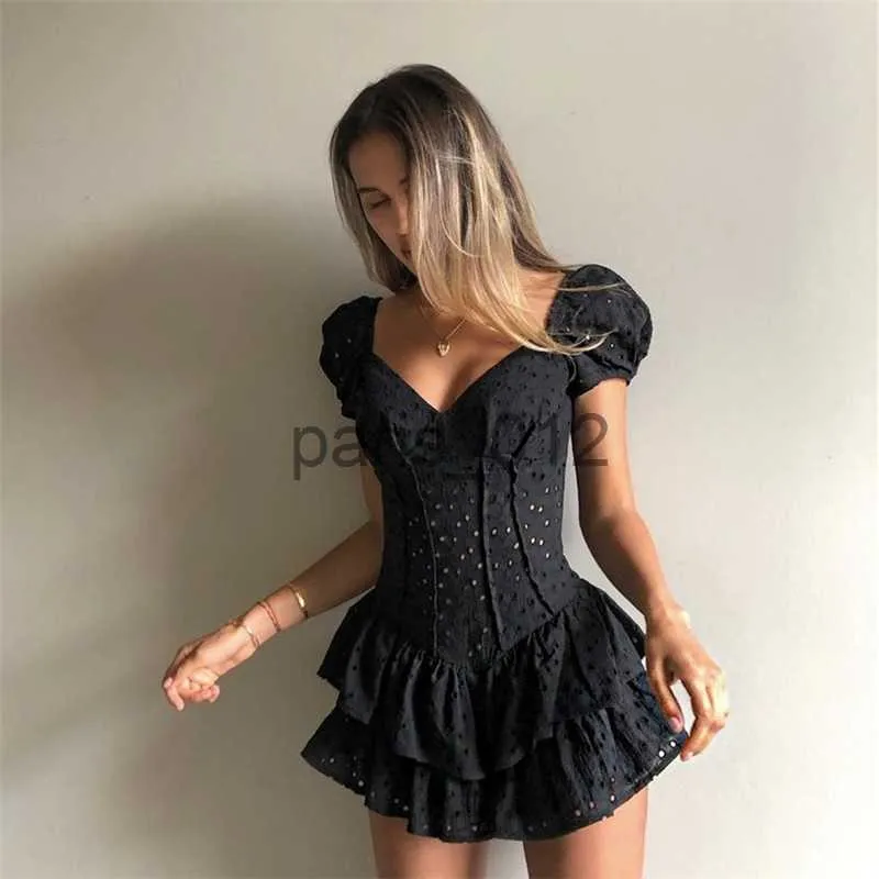 ARXIPA Urban Sexy V Neck Ruffle Dress With Puff Sleeves And Hollow Out Vintage  Corset For Women Chic Black Summer Corset Party Dress Solid White From  Paris_012, $25.41