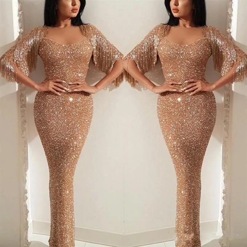 New Rose Gold Arabic New Sexy Sequins Lace Evening Dresses Illusion Jewel Neck With Tassels Mermaid Sequined Floor Length Formal P275D
