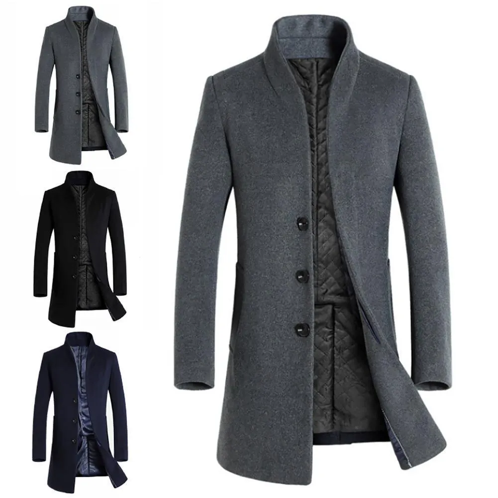 Mélanges de laine pour hommes Hommes hiver chaud couleur unie trench-coat en laine mince vêtements d'extérieur pardessus veste longue veste de couleur unie pour hommes avec laine à long bouton 230915