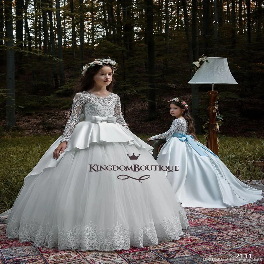 Girls Pageant Dress Little Bride First Communion Dress Sweetheart Bow Crystal Appliques Little Flower Girls Tulle Dress232K