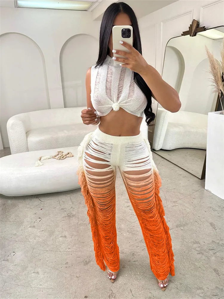 2023 Summer Beach Womens Tie Dye Open Hem Tracksuit Bottoms Set Sleeveless Crop Top And Tie Dye Trapezoid Tassel Knit Pants Sexy Two Piece Set 230915 From Jiao02 28.9 DHgate.Com