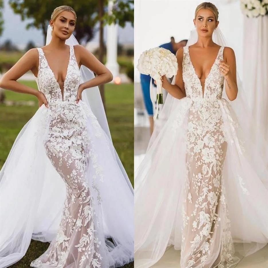 Overskirts Bohemian Sheath Wedding Dresses with Detachable Train 2020 Deep V Neck Floral Lace Garden Coutry Bridal Gowns custom ma306P