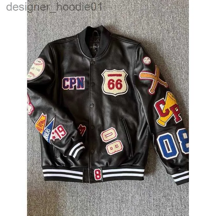 Kvinnorjackor American Hip Hop Leather Jacket Baseball Uniform Men Pu Leather Design Läderjacka Löst kortjacka Män Racing Jacket L230916