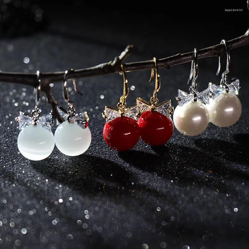 Orecchini pendenti di lusso rosso / bianco / trasparente perle bowknot opale goccia per le donne zircone cubico fidanzamento matrimonio gioielli di moda YEA463