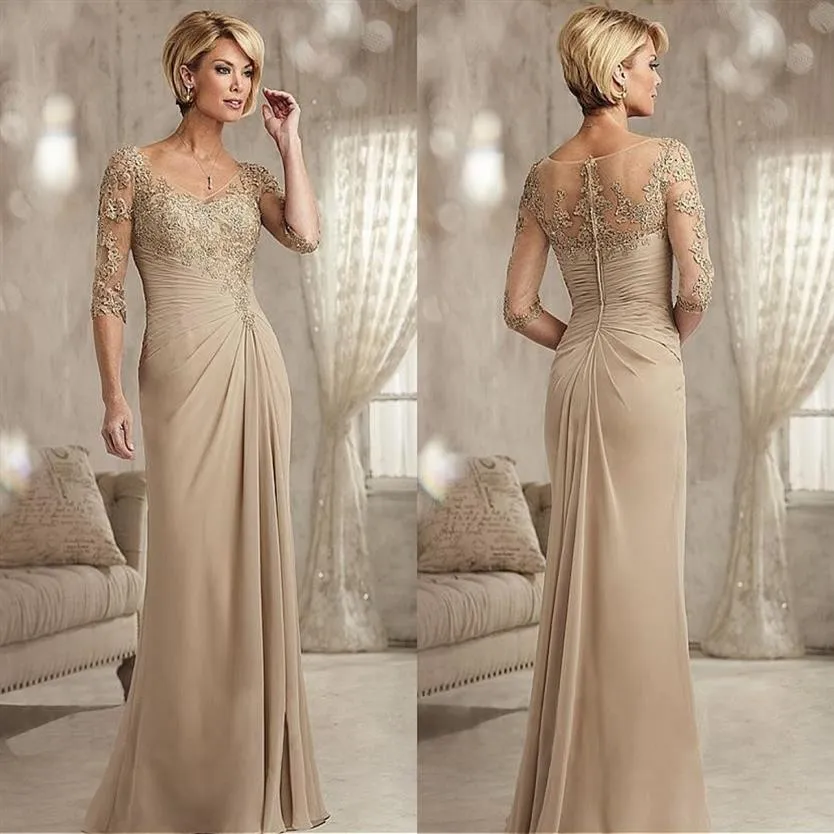 Champagne Mother of the Bride Dresses Plus Size 2023 Chiffon Half Sleeves Groom Godmother aftonklänning för bröllop Ny pärlstav lac235r