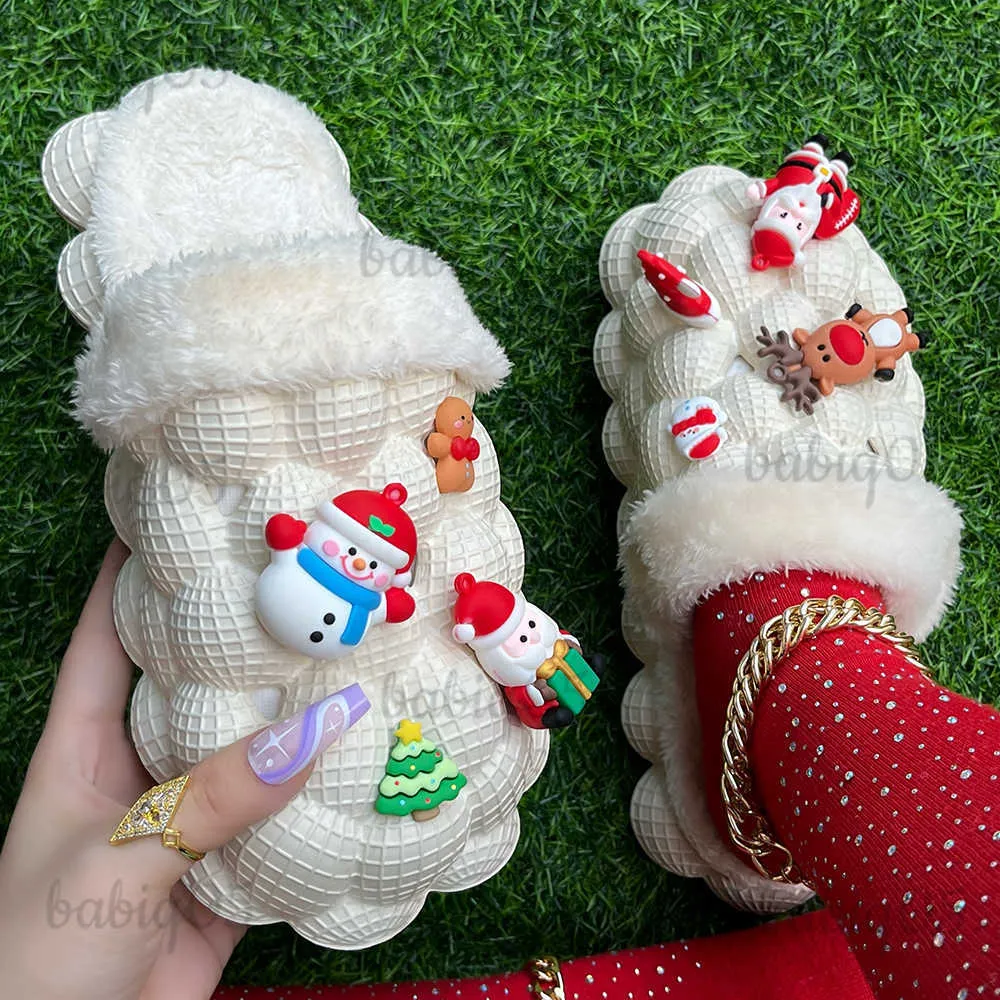 Slippers Winter Plush Bubble Slippers Women Platform Warm Furry Bubble Slides Charms Christmas Shoes Soft Comfy Removable Cotton Slipper babiq05