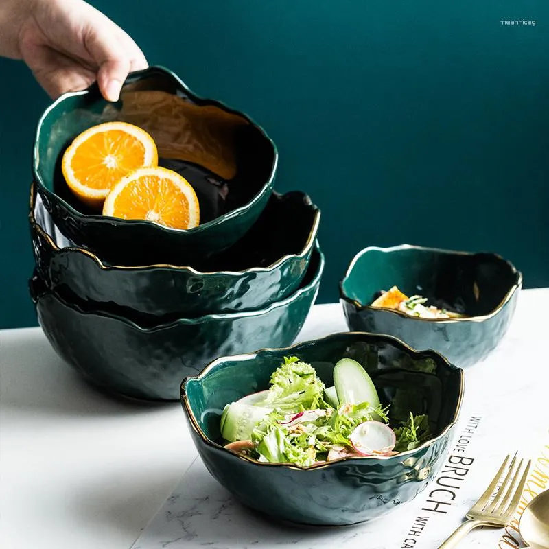 Bowls Emerald Green Ceramic Gold Inlay Fruit Salad Bowl Creative Snack Candy Biscuit Soup Western Instant Noodles Irregular