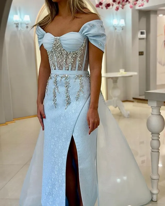 2023 Aso Ebi Árabe Bainha Céu Azul Vestido de Baile Cristais Frisado Noite Festa Formal Segunda Recepção Aniversário Noivado Vestidos de Dama de Honra Vestidos Robe De Soiree Z34