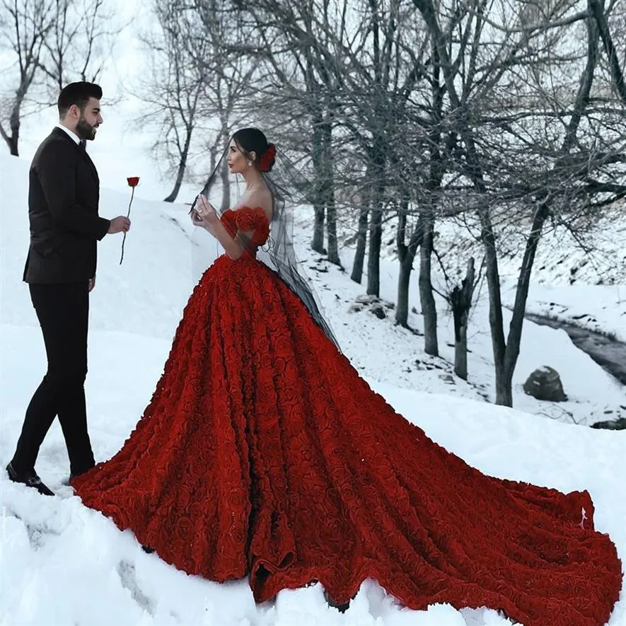 2023 Bridal Gowns Dark Red Wedding Dresses with 3D Rose Flowers Cathedral Train Arabic Middle East Church Off Shoulder Backless2595