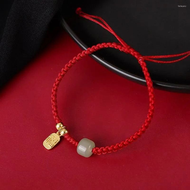 Braccialetti con ciondoli Carattere cinese Benedizione Quadrata Hetian Giada Corda rossa Catena Treccia intrecciata Gioielli di moda da donna