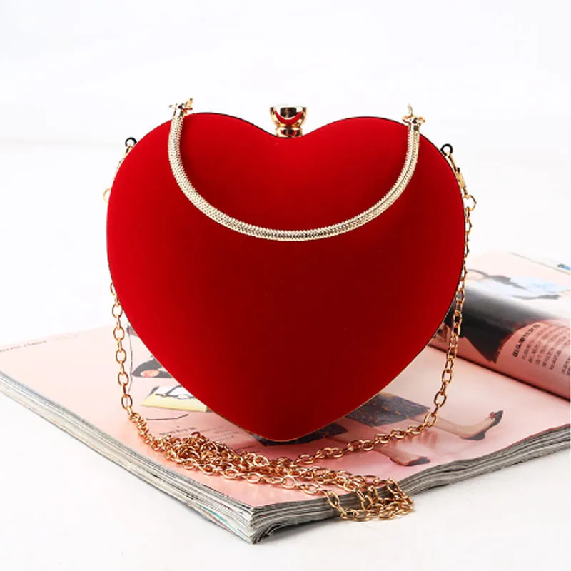 Evening Bags Red Heart Design Women Clutch Small Diamonds Golden Velvet Party Wedding Handbags Purse for Female Purses 230915