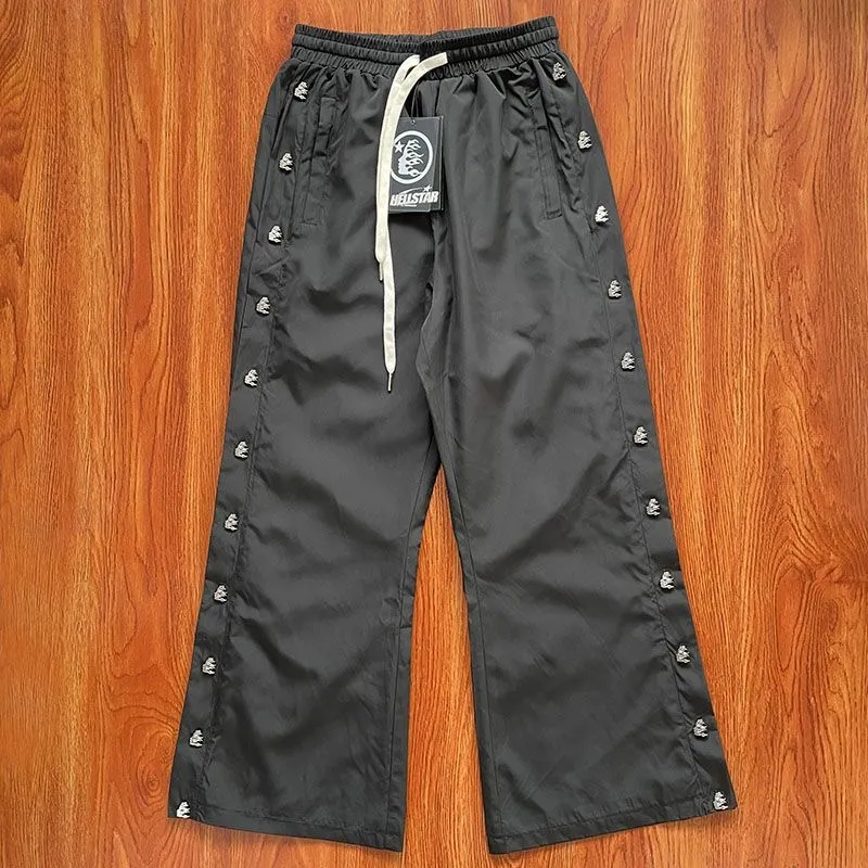 Hellstar Pantalon à boutons en nylon ciré pour hommes, tube droit, bouton ample, jambes larges, évacuant la transpiration pour le fitness, la danse, les pantalons de survêtement, les pantalons de survêtement, la course à pied