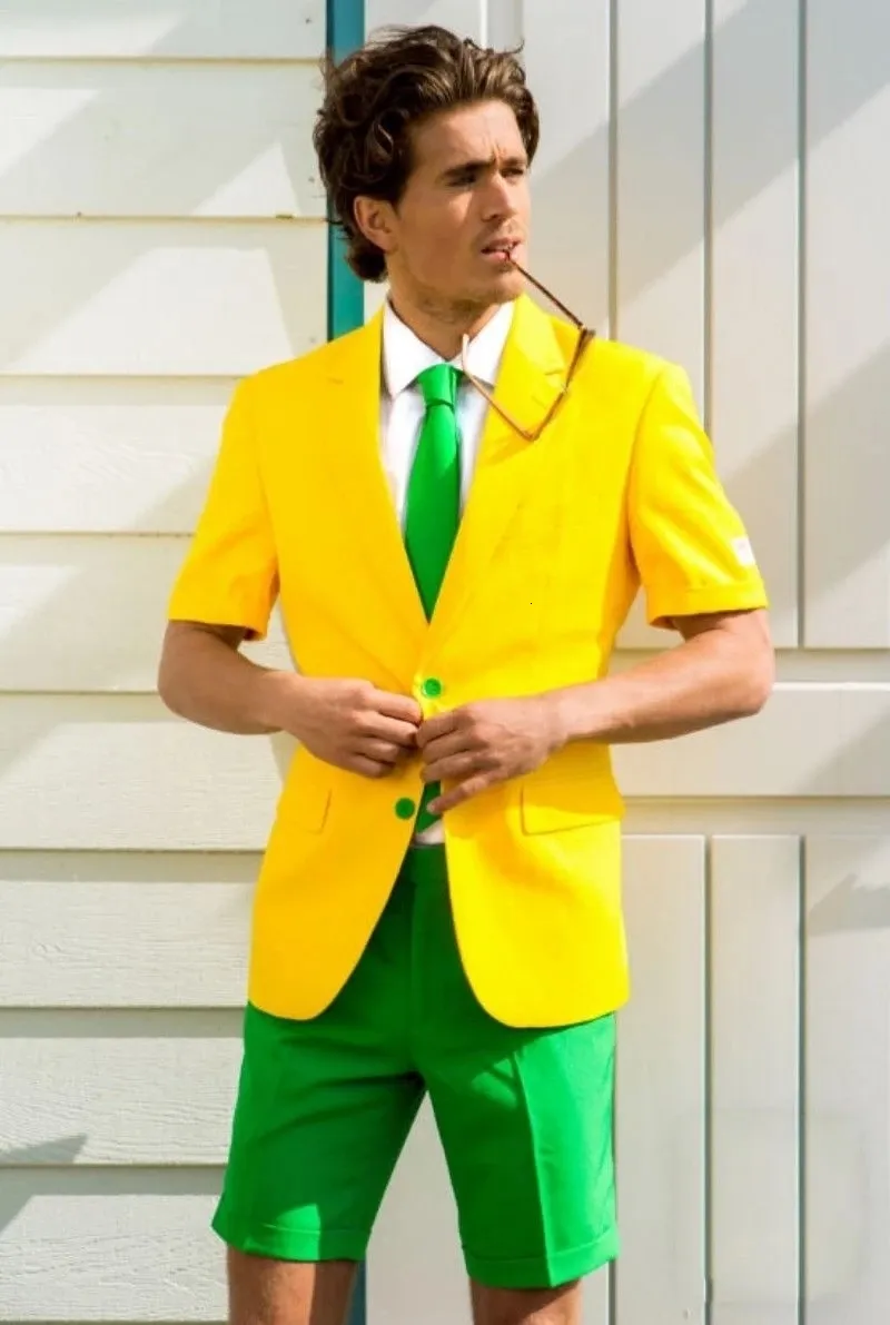 Men's Suits Blazers 2023 Summer Suit Two Pieces Yellow Short SleeveGreen Shorts High Quality Casual Clothing 230915