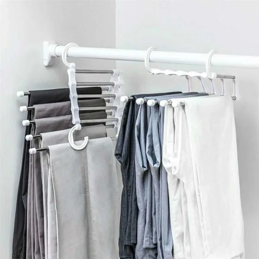 Portable Clothes Hanger Multifunctional Pants Rack Stainless Steel Trousers Holder Clothes Organizer Storage Rod White322P