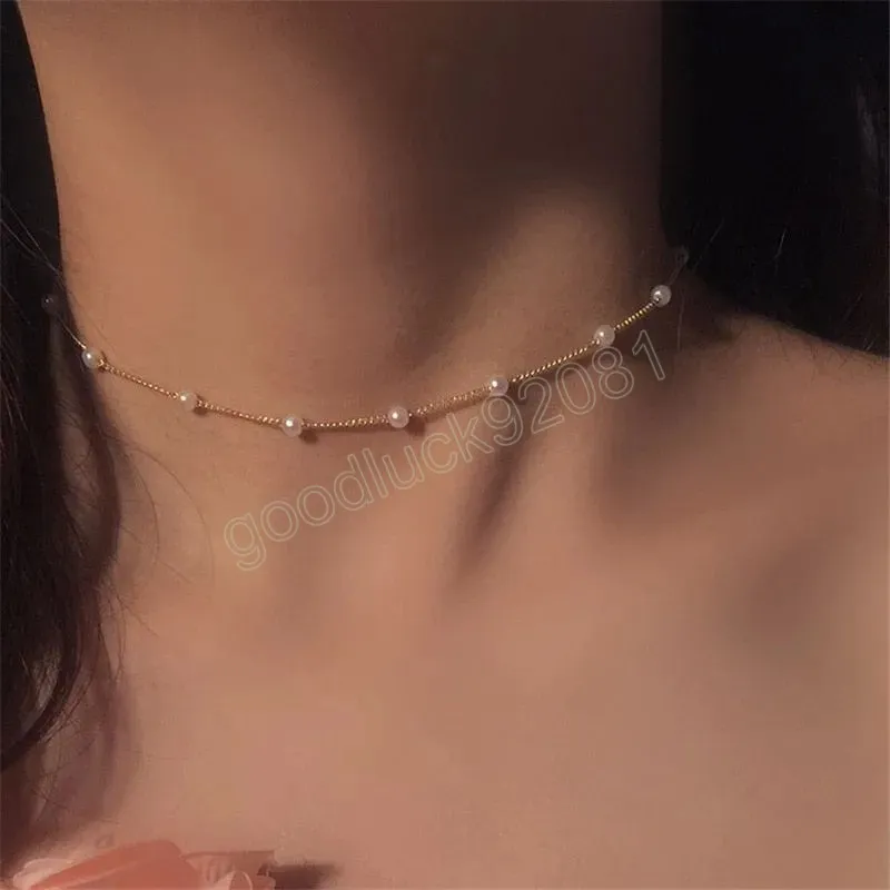 Neckkedja Pearl Choker Halsband Guldfärg Pendant Krage Kvinnor Fashion Jewelry