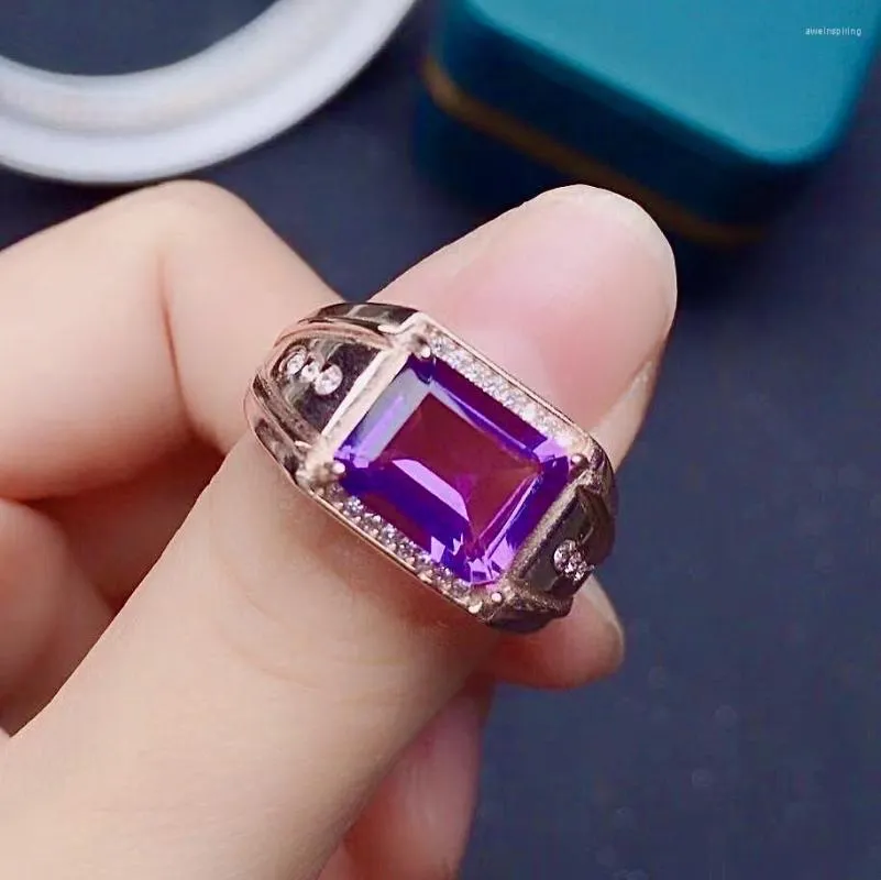 Pierścienie klastra 8 mm 10 mm 4CT VVS Grade AMethyst Pierścień dla mężczyzny 925 Srebrna biżuteria szterlingowa